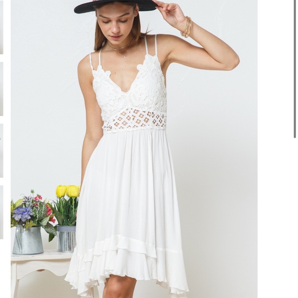 ONE LEFT ☝️NEW White Bralette Lace Double Strap Ruffle Asymmetrical Midi Dress - Picture 4 of 8